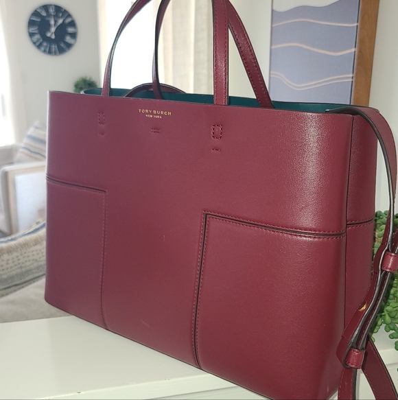 Tory Burch Handbags - Tory Burch Wine Red Leather Tote with Green Interior